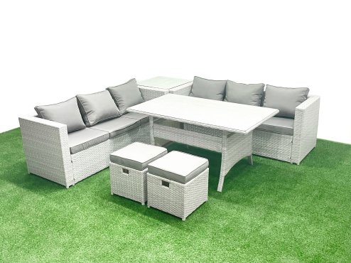 Fimous Rattan Garden Furniture Set 8 Seater Outdoor Sofa Set with Dining Table Side Table 2 Small Footstools Light Grey Mixed