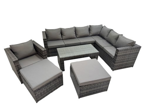 Fimous Outdoor Rattan Oblong Coffee Table Corner Sofa Sets Garden Furniture Set with Chair 2 Big Stools Dark Grey Mixed