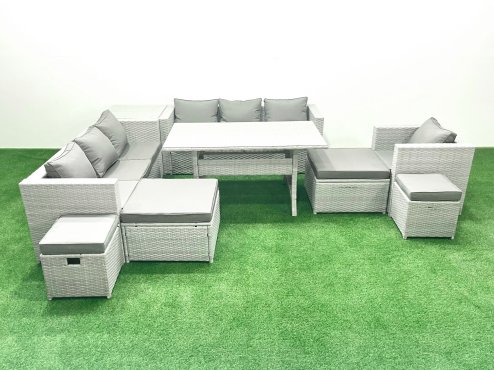 Fimous Rattan Garden Furniture Dining Set 11 Seater Lounge Sofa Chair Dining Table Set with 4 Footstools Side Table Light Grey Mixed