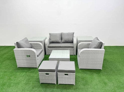 Fimous Light Grey PE Wicker Rattan Garden Furniture Set Sofa Set Reclining Adjustable Chair Square Coffee Table 6 Seater 2 Small Stools 2 Side Table