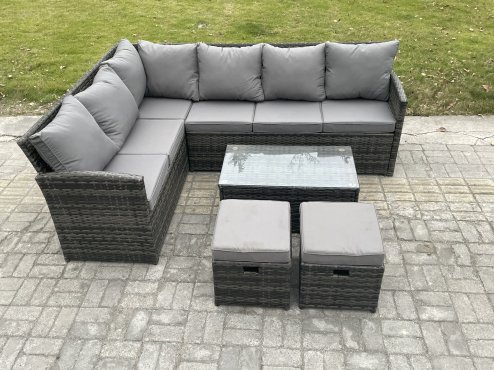 Fimous Rattan Lounge Corner Sofa Set Wicker PE Outdoor Garden Furniture Set with Rectangular Coffee Table 2 Small Footstools Dark Grey Mixed