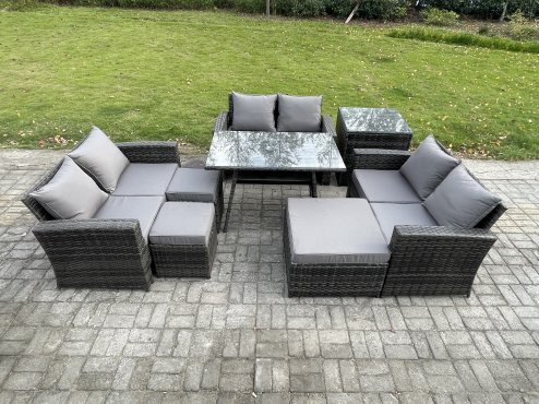 Fimous Outdoor Lounge Sofa Set Wicker PE Rattan Garden Furniture Set with Rectangular Dining Table 2 Seat Sofa 3 Footstools Side Table Dark Grey Mixed