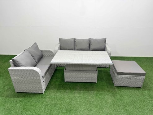 Fimous 6 Seater PE Rattan Wicker Garden Furniture Patio Conservatory Sofa Set with Adjustable Lifting Dining or Coffee Table 3 Seater Sofa Love Sofa Big Footstool