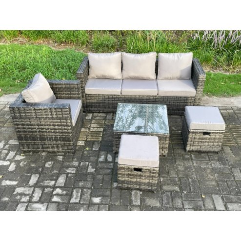 Fimous 5 PCS Outdoor Lounge Sofa Set Wicker PE Rattan Garden Furniture Set with Armchair Square Coffee Table 2 Small Footstools Dark Grey Mixed