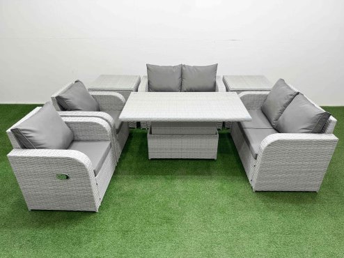 Fimous 6 Seater Outdoor Reclining Chair Love Sofa Set Rattan Garden Furniture Set with Adjustable Lifting Dining or Coffee Table 2 Side Tables Light Grey