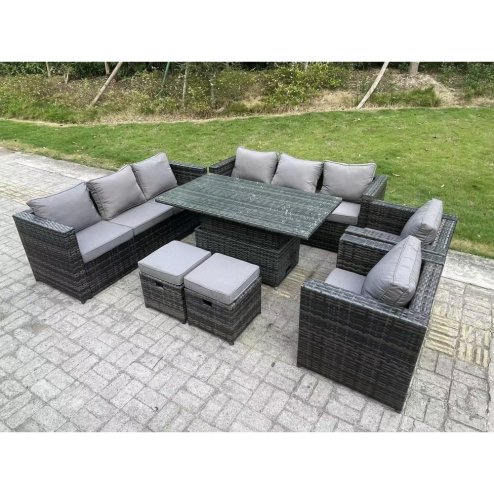 Fimous 10 Seater Wicker PE Garden Furniture Rattan Sofa Set Outdoor Adjustable Rising Lifting Dining Table Set with 2 Armchairs 2 Stools Dark Grey Mixed