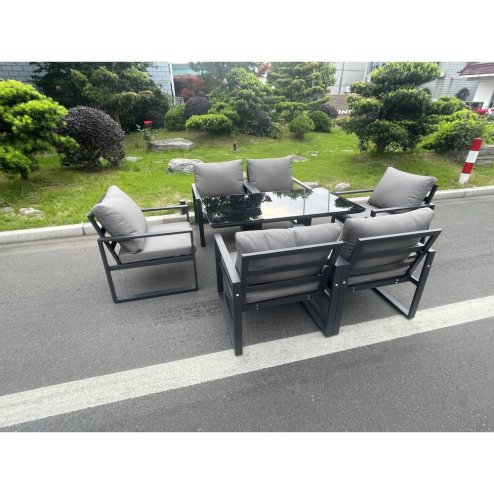 Fimous Aluminum Garden Furniture Dining Set Adjustable Rising Lifting Table And Chairs Patio Outdoor 6 Seat Black Tempered Glass Dark Grey