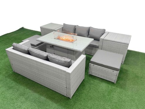 Fimous 8 Seat PE Rattan Lounge Sofa Set Outdoor Garden Furniture Set with Firepit Dining Table 3 Seater Sofa 2 Stools 2 Side Tables Light Grey