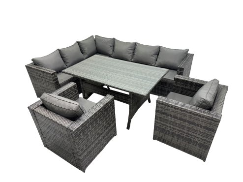 Fimous Outdoor PE Rattan Sofa Set with Dining Table Patio Garden Furniture Sets with 2 Chairs Dark Grey Mixed