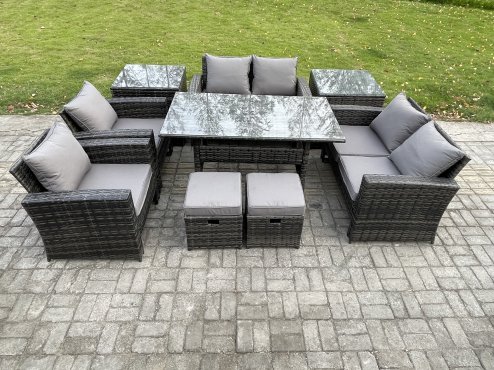 Fimous Garden Furniture Sets 9 Pieces Rattan Furniture Handmade Wicker Patio Sofa Set with 2 Small Footstools 2 Side Tables Dark Grey Mixed