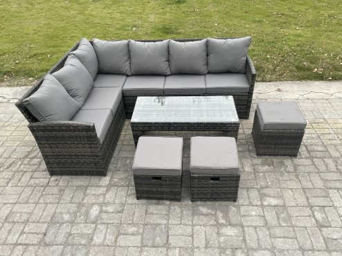 Fimous 9 Seater Outdoor Rattan Garden Furniture Set Corner Sofa Oblong Coffee Table Sets with Patio 3 Small Footstools Dark Grey Mixed