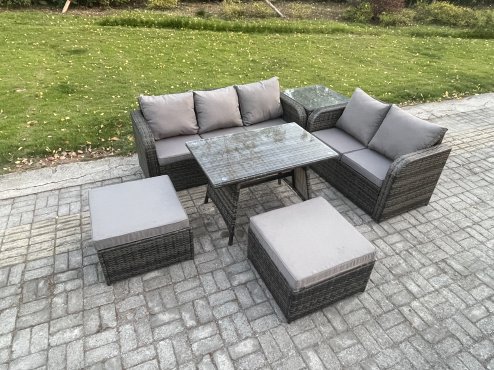Fimous Rattan Garden Furniture Dining Set 7 seater Patio Rectangular Table 2 Big Footstool Love Sofa Side Table Dark Grey Mixed