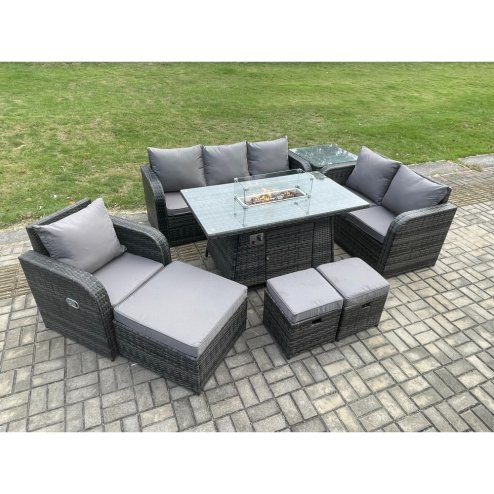 Fimous Garden Patio Furniture Wicker Rattan Gas Fire Pit Table and Sofa Chair set with Side Table 3 Footstool