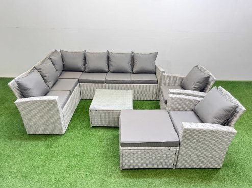 Fimous Outdoor Rattan Garden Furniture Set 9 Seater Corner Sofa Sets with Square Coffee Table Chair Big Footstool Light Grey Mixed