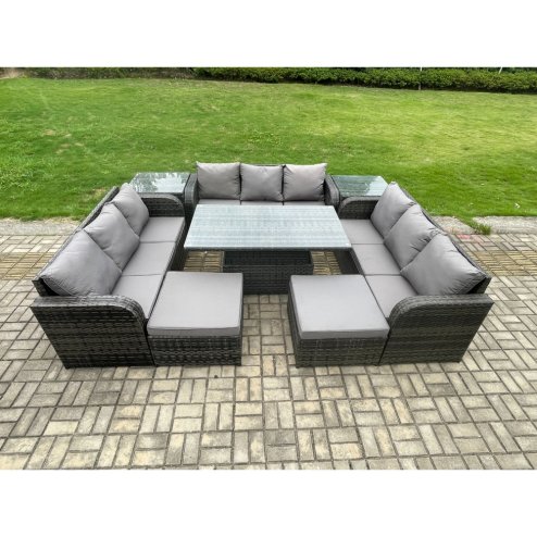 Fimous 11 Seater Garden Dining Sets Outdoor Rattan Furniture Lounge Sofa Height Adjustable Rising lifting Table With 2 Side Tables 2 Big Footstool Dark Grey Mixed
