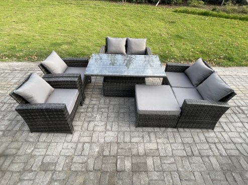 Fimous Rattan Garden Furniture Sets 7 Seater Patio Outdoor Rising Lifting Table Sofa Set with Double Seat Sofa Big Footstool Dark Grey Mixed