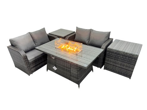 Fimous 4-seater Patio Gas Firpit Dining Table Sofa Sets Rattan Garden Furniture Dining Set with 2 Side Tables Dark Grey Mixed