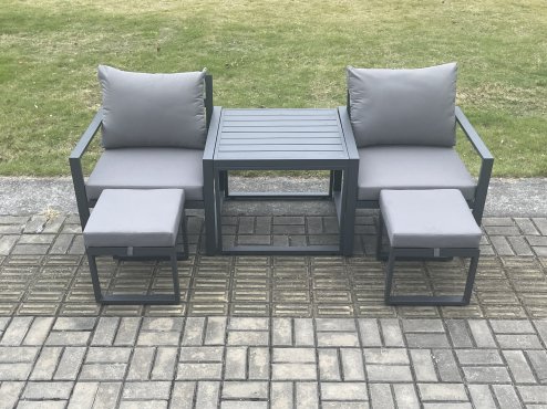 Fimous Aluminium 5 Pieces Garden Furniture Sofa Set Chair And 2 Small Footstool with Table Including Cushions Dark Grey