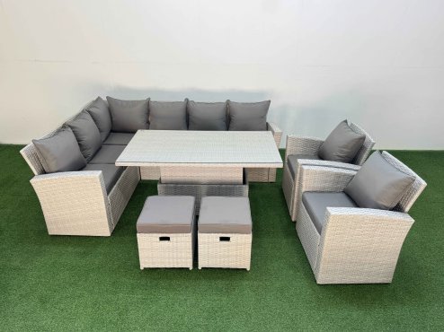 Fimous 10 Seat Rattan Outdoor Garden Furniture Corner Sofa Set Adjustable Lifting Dining or Coffee Table Set with 2 Small Footstools Light Grey