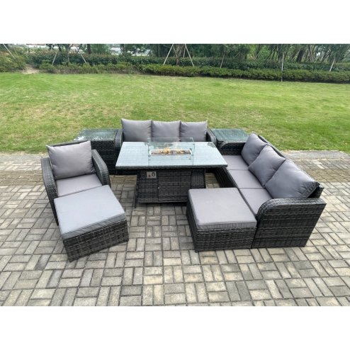 Fimous 9 Seater Rattan Garden Furniture Set Gas Fire Pit Dining Table Reclining Chair 3 Seater Sofa Set Indoor Outdoor with 2 Side Tables 2 Big Footstool