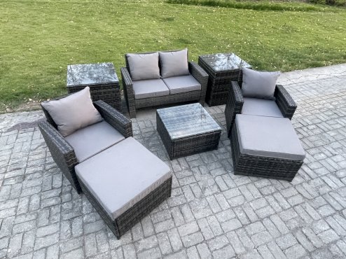 Fimous Rattan Wicker Garden Furniture 6 Seater Patio Conservatory Sofa Set with Square Coffee Table Armchair 2 Seater Sofa 2 Big Footstool 2 Side Tables