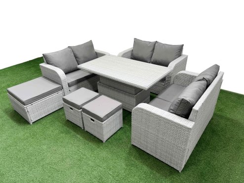 Fimous 9 Seater PE Wicker Rattan Furniture Sofa Sets with Adjustable Lifting Dining or Coffee Table 2 Seater Love Sofa 3 Stool Light Grey