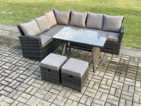 Fimous Outdoor Furniture Garden Dining Set Rattan Corner Sofa Set with 2 Small Footstools Dark Grey Mixed