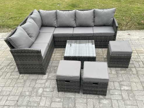 Fimous 9 Seater Outdoor Garden Furniture Set Wicker PE Rattan Corner Sofa Set with Square Coffee Table 3 Footstools Dark Grey Mixed