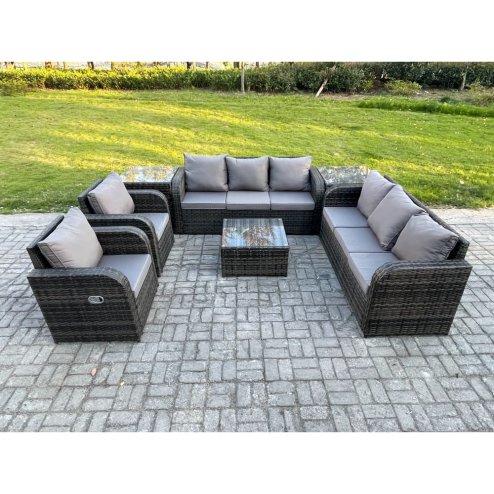 Fimous High Back Rattan Garden Furniture Set with Square Coffee Table 2 Side Tables Indoor Outdoor Patio Lounge Sofa Set Dark Grey Mixed