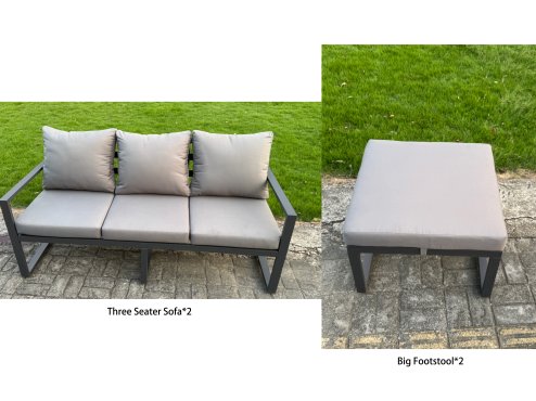 Fimous 7 Pieces Garden Furniture Set Aluminium Adjustable Rising Lifting Dining Table and Sofa Set with 2 Side Tables 2 Small Footstools Dark Grey