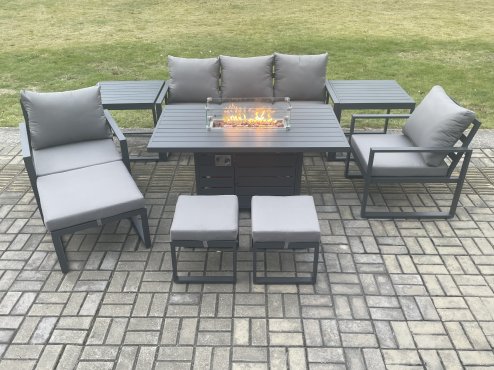 Fimous Aluminium Patio Outdoor Garden Furniture Lounge Sofa Set Gas Fire Pit Dining Table with 2 Side Tables 3 Footstools Dark Grey