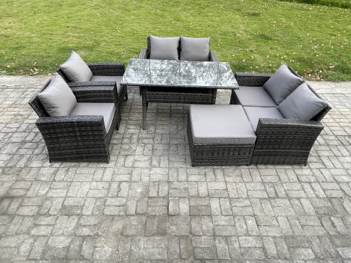 Fimous Rattan Garden Furniture Set 7 Seater Patio Outdoor Lounge Sofa Set with Oblong Dining Table Double Seat Sofa Big Footstool Dark Grey Mixed