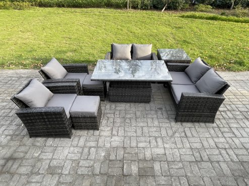 Fimous Rattan Garden Furniture Sets 8 Seater Patio Outdoor Rising Lifting Table Sofa Set with Double Seat Sofa Side Table 2 Small Footstools Dark Grey Mixed