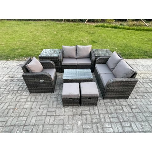 Fimous 7 Seater High Back Rattan Garden Furniture Set with Loveseat Sofa Rectangular Coffee Table 2 Small Footstools 2 Side Tables Indoor Outdoor Patio Lounge Sofa Set Dark Grey Mixed