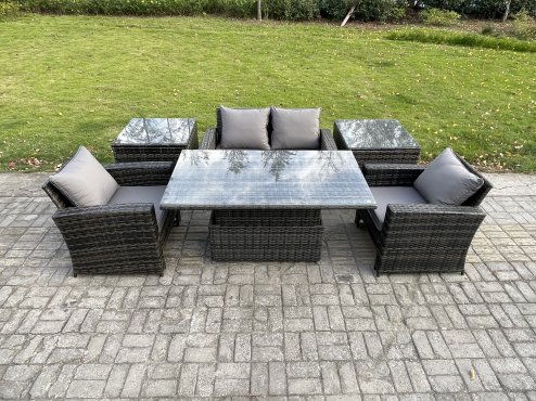 Fimous Outdoor Garden Dining Sets 4 Seater Rattan Patio Furniture Sofa Set with Rising Lifting Table 2 Side Tables Dark Grey Mixed