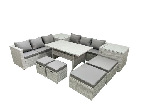 Fimous Rattan Garden Furniture Set Outdoor 10 Seater Patio Dining Sets with Glass Top Dining Table 2 Side Tables Light Grey Mixed
