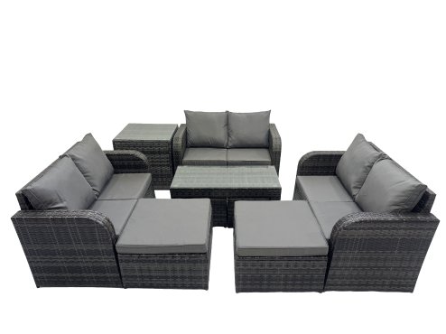 Fimous 3 Seater Sofa Reclining Chair Coffee Table Set Rattan Garden Outdoor Furniture Set with Side Table 2 Big Footstools Dark Grey Mixed