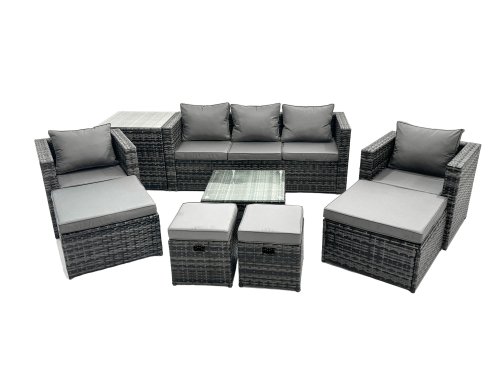 Fimous Outdoor Rattan Garden Furniture Set 9 Seater Patio Lounge Sofa Set with Armchair Square Coffee Table Side Table 4 Footstool Dark Grey Mixed