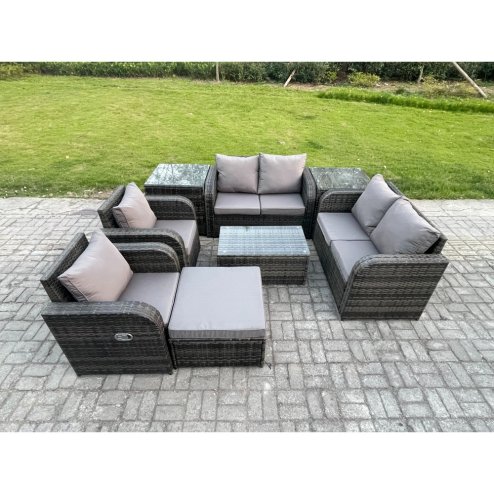 Fimous 7 Seater Rattan Garden Furniture Set Patio Outdoor Lounge Sofa Set with Rectangular Coffee Table Big Footstool Love Sofa 2 Side Tables Dark Grey Mixed