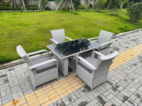 Fimous Light Grey Rattan Outdoor Garden furniture Set Black Tempered Glass Dining Table and 4 Chairs Set with Seat Cushion