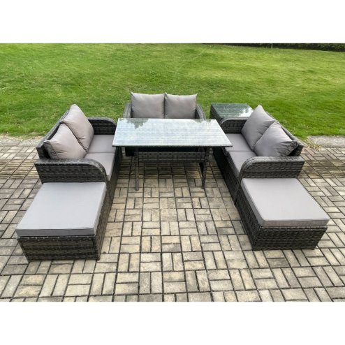 Fimous Outdoor Rattan Garden Furniture Lounge Sofa Set With Oblong Rectangular Dining Table 2 Big Footstool Side Table