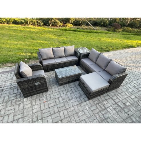Fimous 8 Seater Rattan Outdoor Garden Furniture Sofa Set Patio Table & Chairs Set with 3 Seater Sofa Reclining Chair 3 Seater Sofa Big Footstool Side Table Dark Grey Mixed