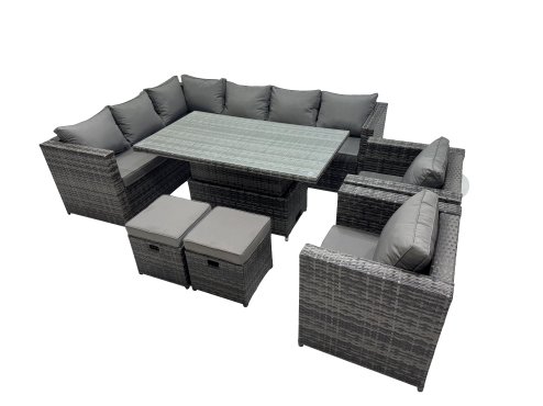 Fimous 10-seater Height Adjustable Rising Lifting Table Corner Sofa Set Rattan Garden Furniture Dining Set with 2 Small Stool Dark Grey Mixed