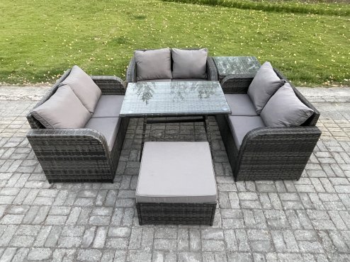 Fimous Rattan Garden Furniture Set 7 Seater Patio Outdoor Love Sofa Set with Rectangular Dining Table Big Footstool Side Table Dark Grey Mixed