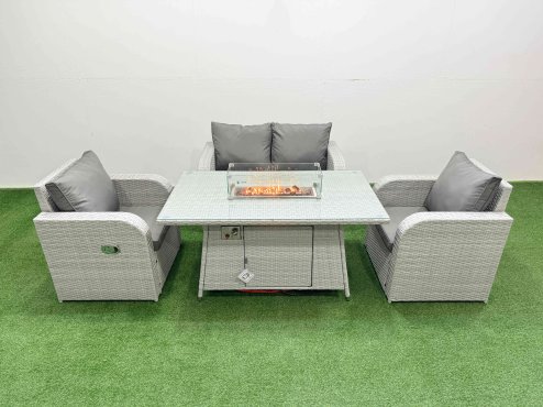 Fimous Light Grey PE Wicker Rattan Garden Furniture Set Sofa Set Reclining Chair Firepit Dining Table 4 Seater