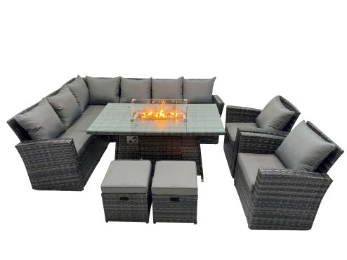 Fimous Poly Rattan Outdoor Patio Gas Firpit Dining Table Corner Sofa Set with 2 Small Stools 2 Chairs for Garden Backyard Dark Grey Mixed