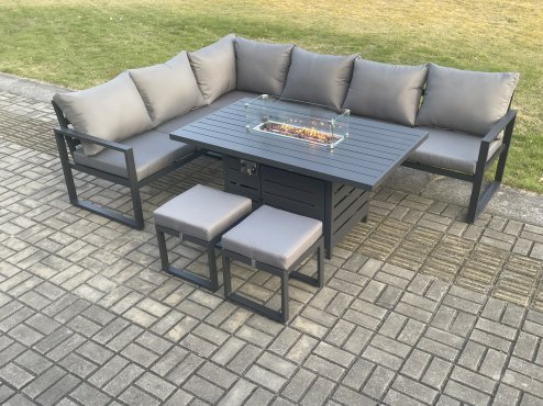 Fimous Aluminium Patio Outdoor Garden Furniture Corner Sofa Set Gas Fire Pit Dining Table with 2 Small Footstools Dark Grey