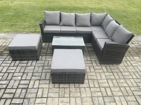 Fimous Wicker PE Outdoor Garden Furniture Set High Back Rattan Corner Sofa Set with Rectangular Coffee Table 2 Big Footstool