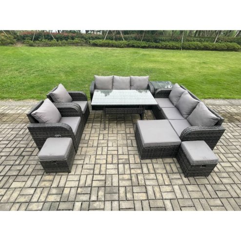 Fimous Outdoor Garden Patio Furniture Wicker Rattan Oblong Rectangular Dining Table and Lounge Sofa set with Adjustable Chair Side Table 3 Footstool Dark Grey Mixed