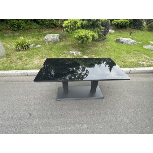Fimous Aluminum Garden Furniture Dining Set Adjustable Rising Lifting Table And Chairs Patio Outdoor 6 Seat Black Tempered Glass Dark Grey